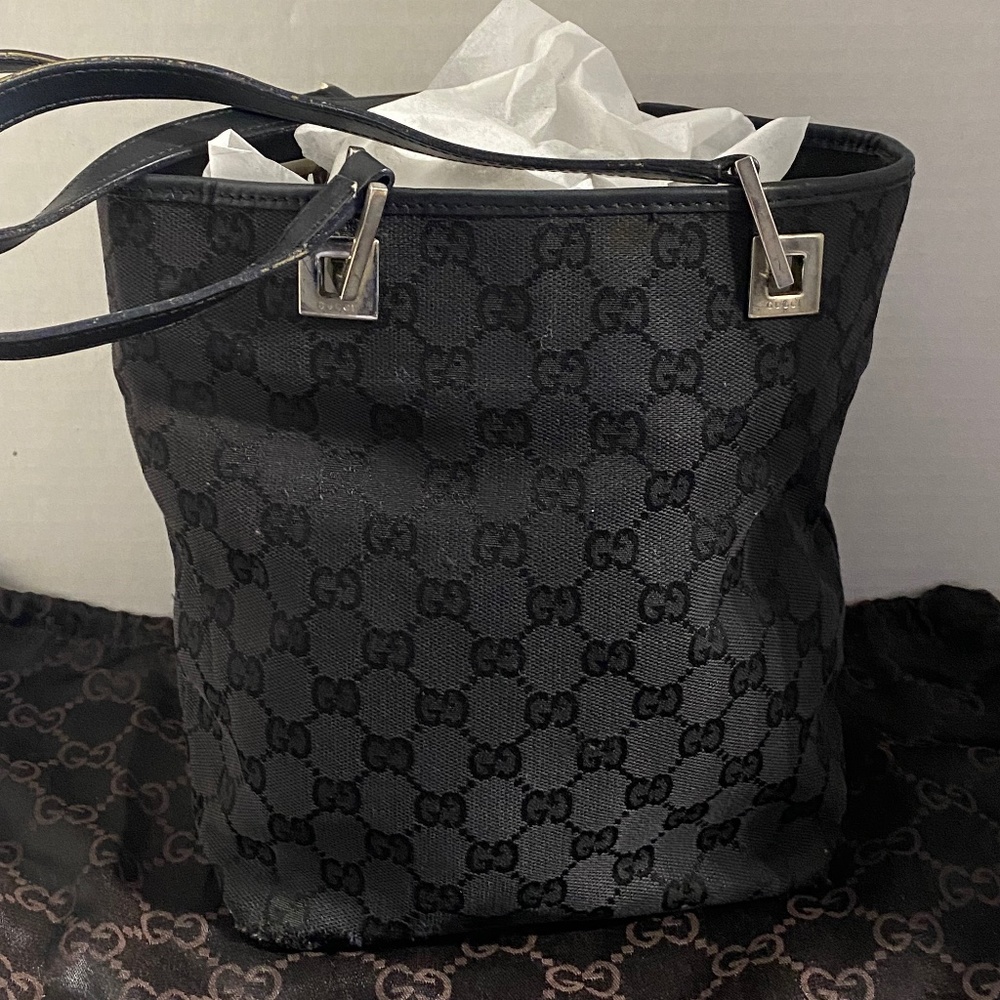 AUTHENTIC Gucci Black Monogram Canvas Tote Bucket Bag